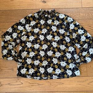 Hayden LA Women Floral Blouse L Mock Neck Black White Mustard Work Wear Modest